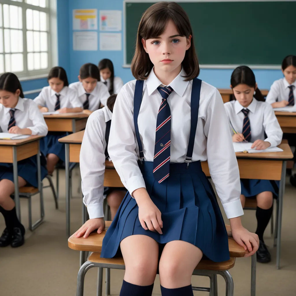 a girl sitting in a classroom with her legs crossed and her legs crossed, wearing a tie and a skirt, quito school, a stock photo, Charles Angrand, promotional image