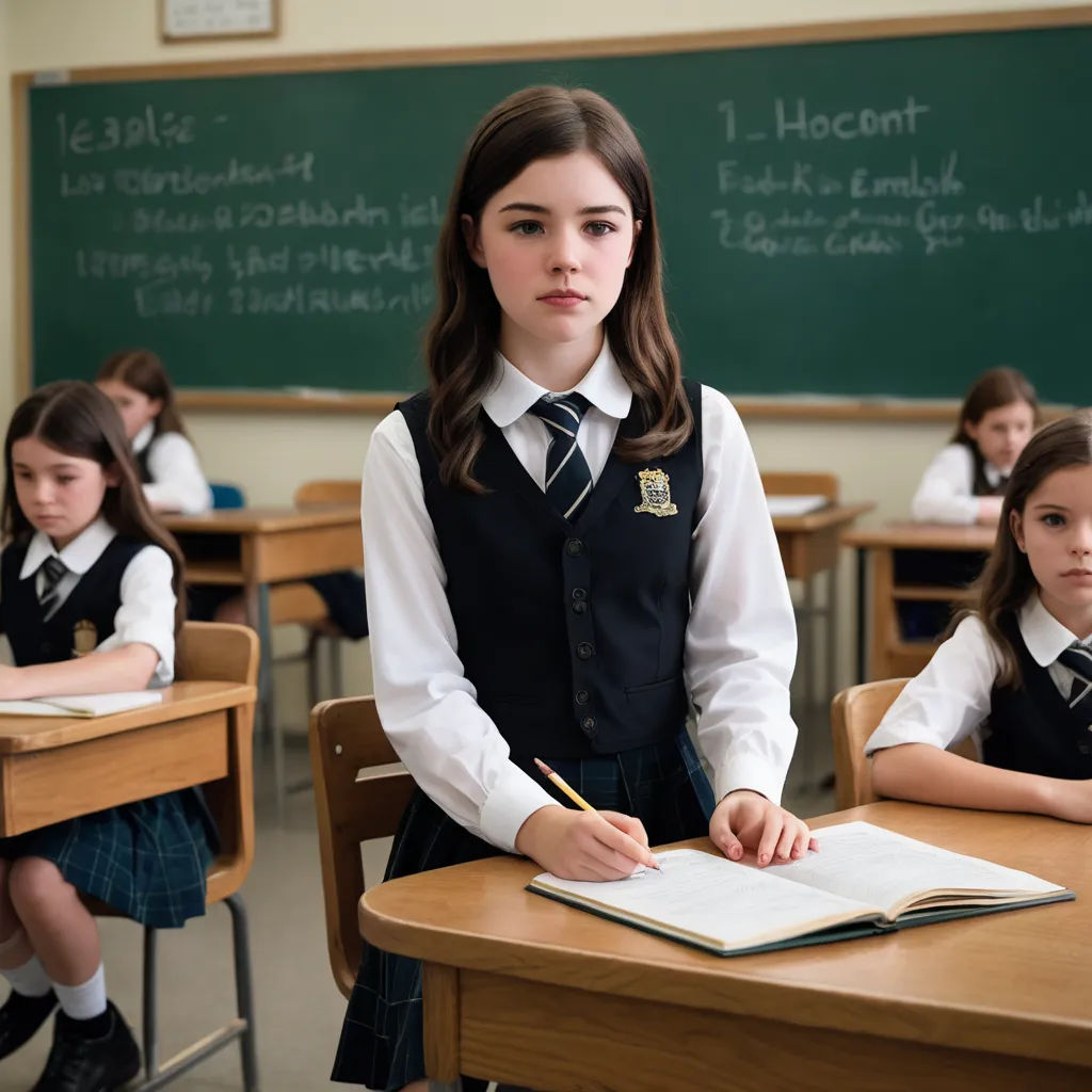 a girl in a school uniform writing on a book in front of a class room full of other students, vancouver school, a poster, Christabel Dennison, movie still