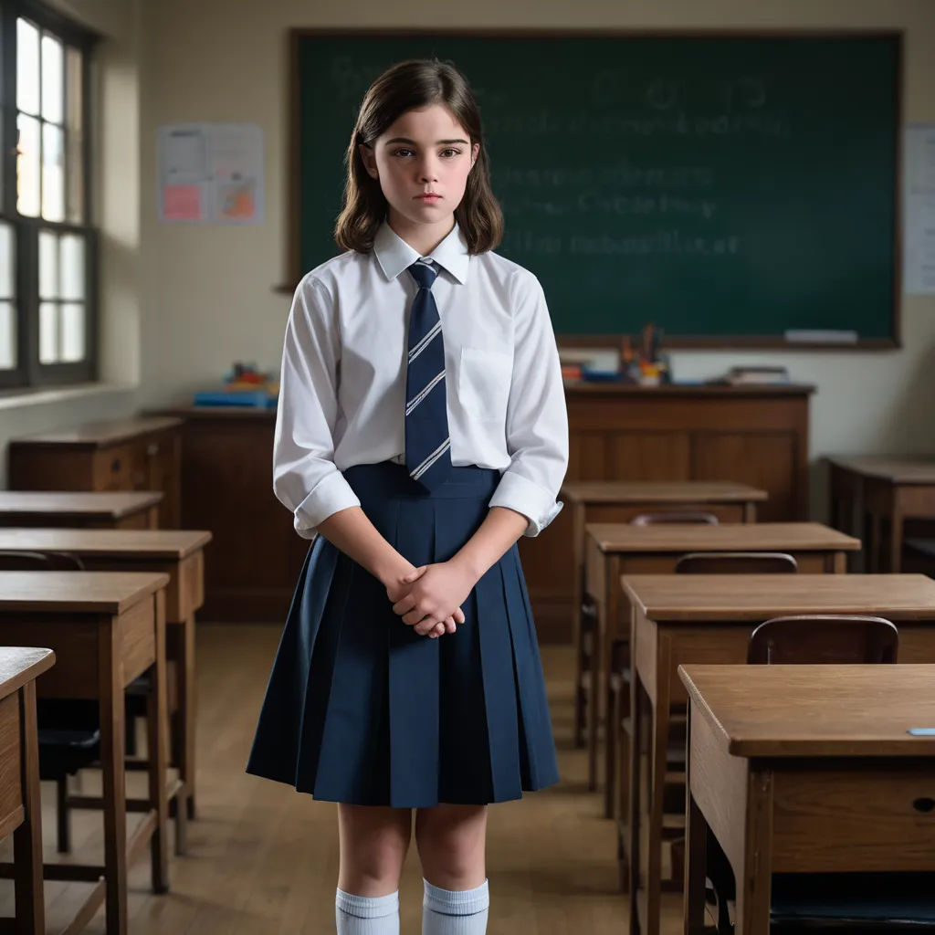 a girl in a school uniform standing in front of a desk with a chalkboard in the background and a chalkboard in the background, barbizon school, a character portrait, Clarice Beckett, promotional image