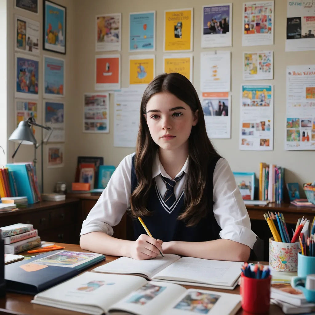 a girl sitting at a desk with a book and pencil in her hand and a lot of books on the wall behind her, vancouver school, a character portrait, Elinor Proby Adams, promotional image