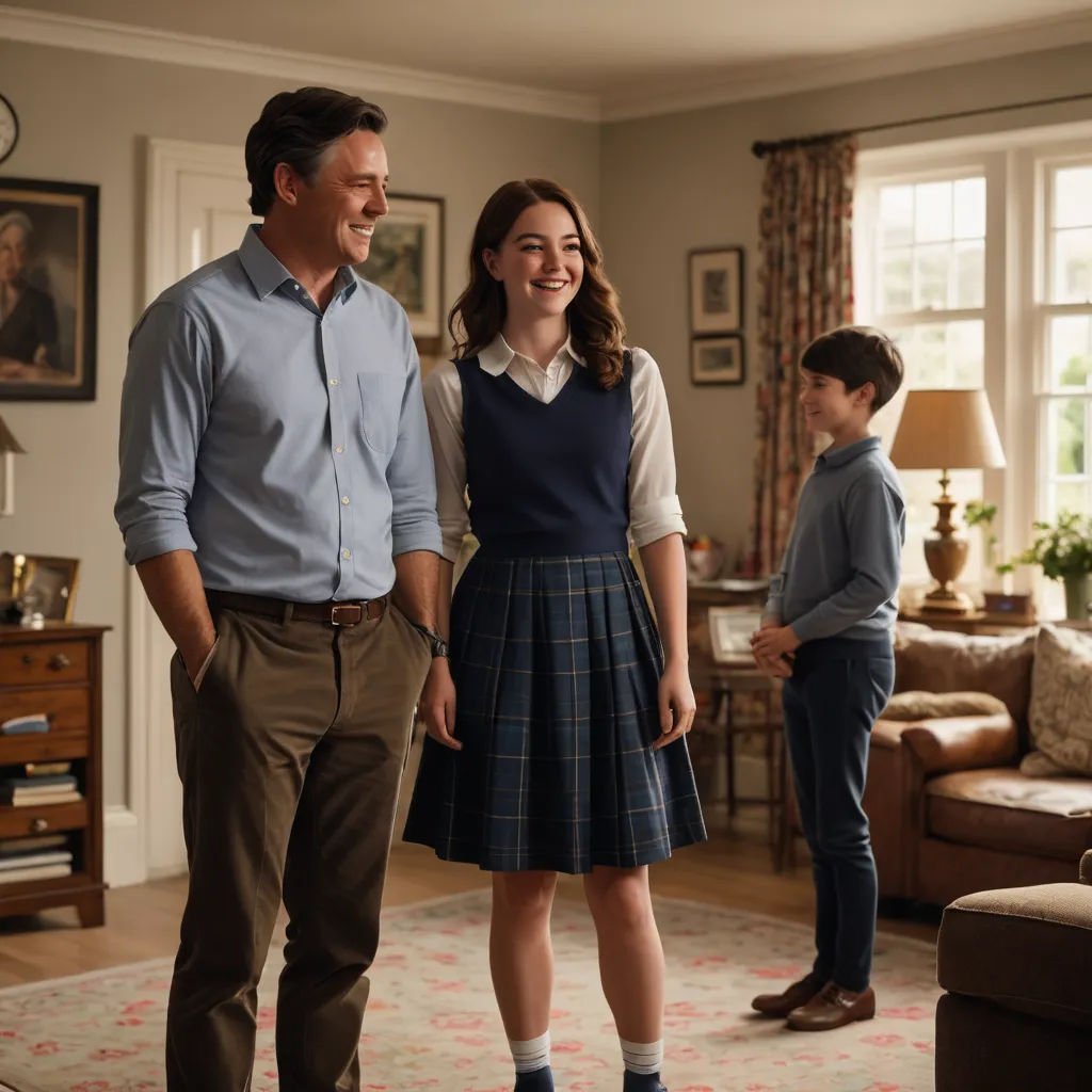 a man and a woman standing in a living room with a boy and a girl in the background smiling, heidelberg school, a poster, Elinor Proby Adams, promotional image