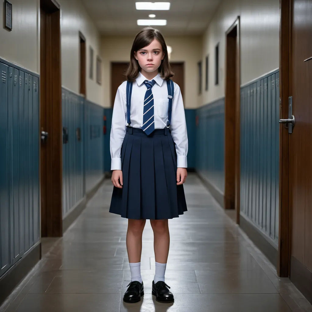 a young girl in a school uniform standing in a hallway with blue lockers and a white shirt and tie, american barbizon school, a character portrait, Clarice Beckett, promotional image