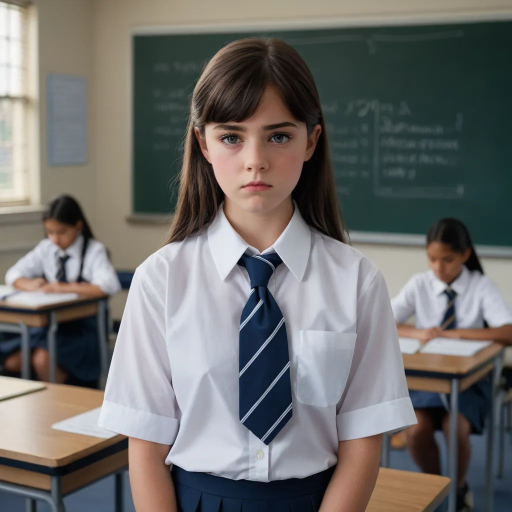 a girl in a school uniform standing in front of a desk with two other girls in the background,, net art, a character portrait, Charlotte Harding, vfx