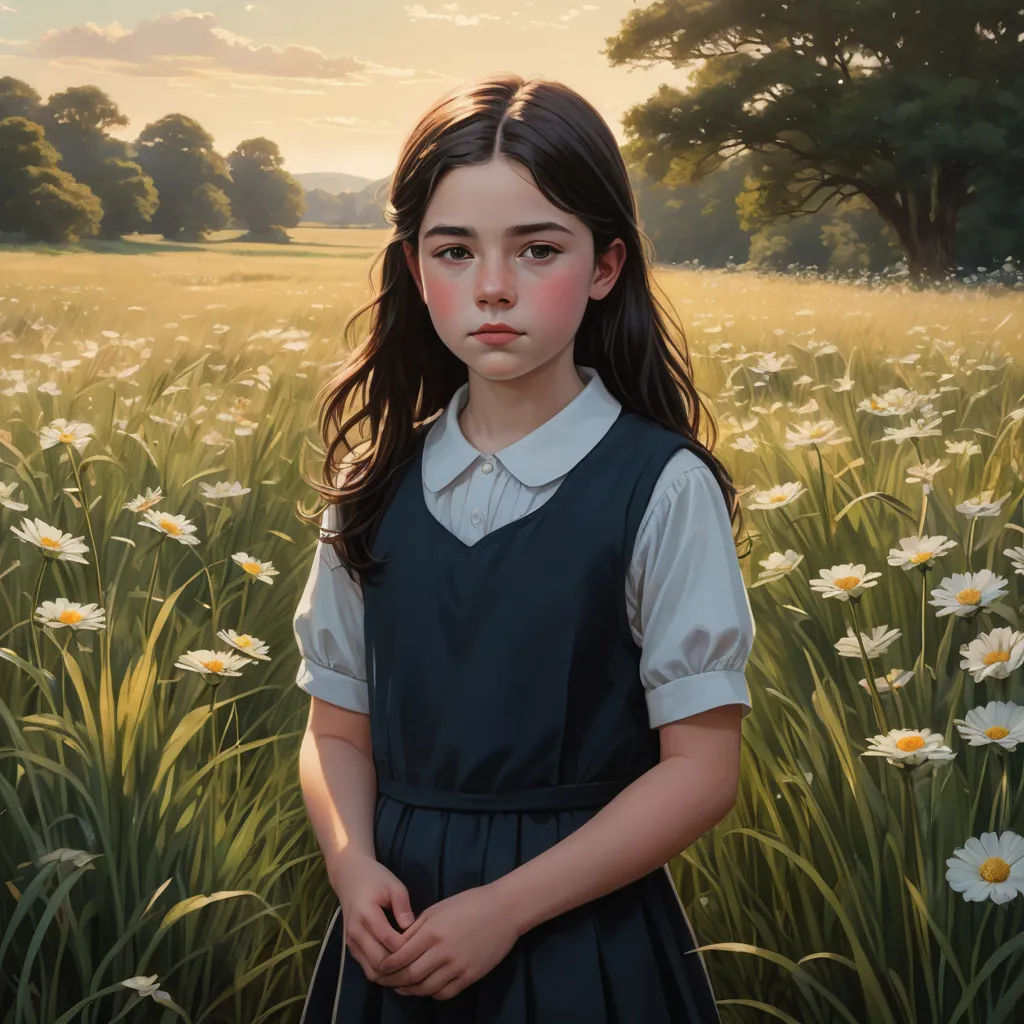 a painting of a girl in a field of daisies with trees in the background and a sunset in the sky, american scene painting, an oil painting, Brad Kunkle, official art