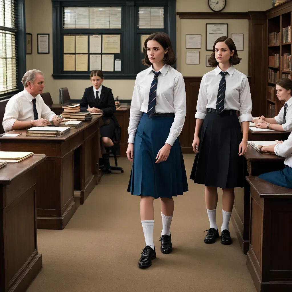 a group of people standing in a room with desks and chairs and a clock on the wall behind them, institutional critique, a colorized photo, Elinor Proby Adams, vfx