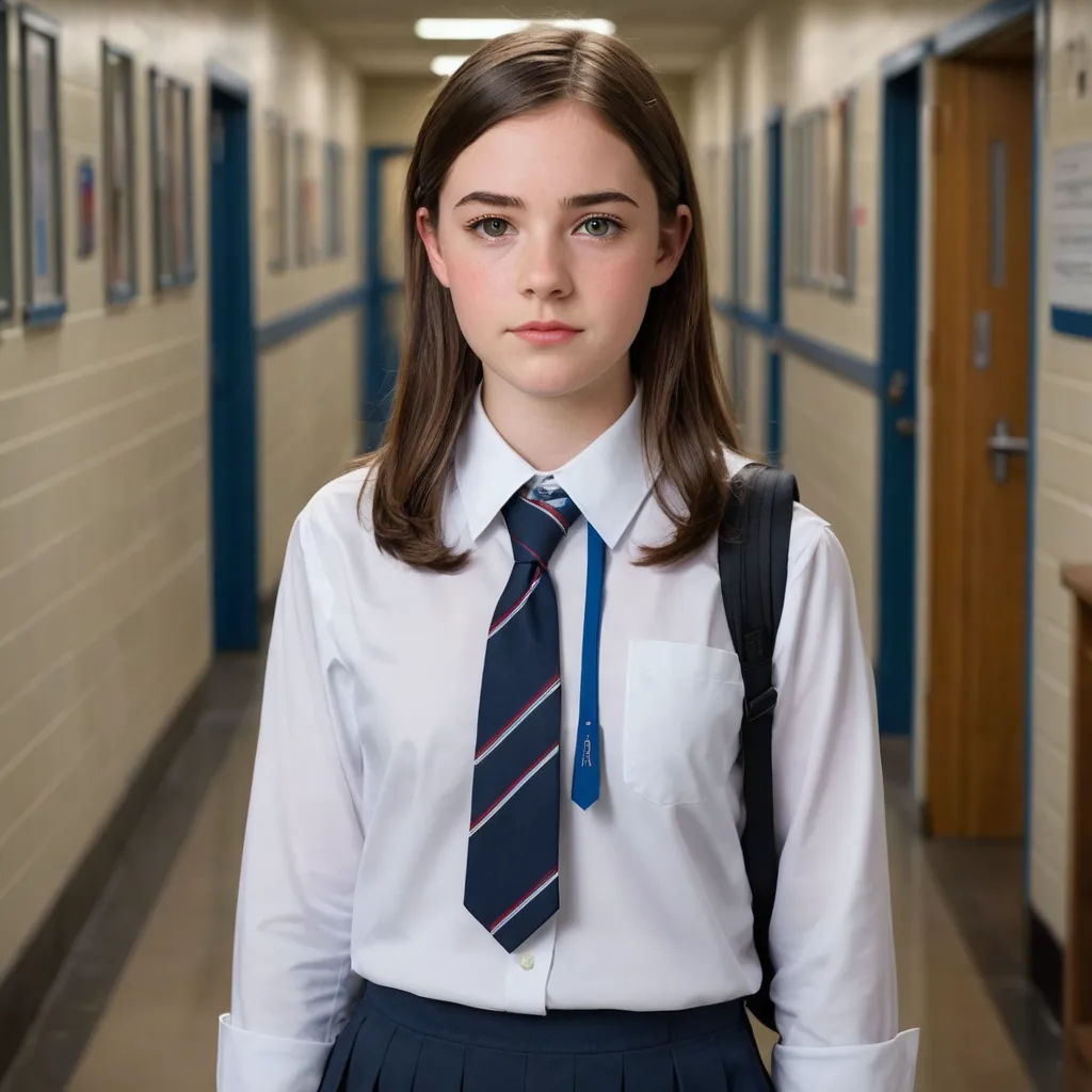 a girl in a school uniform is standing in a hallway with a backpack on her shoulder and a tie on her shoulder, vancouver school, a character portrait, Elinor Proby Adams, promotional image