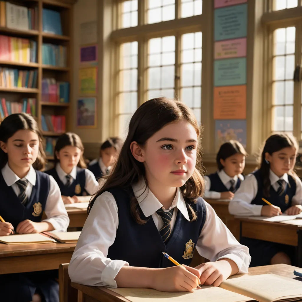 a group of girls sitting at desks in a classroom with books on the shelves and a window behind them, vancouver school, a poster, Charlotte Harding, movie still
