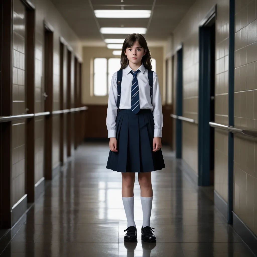 a young girl in a school uniform standing in a hallway with a hallway leading to the hallway leading to the hallway, vancouver school, a character portrait, Clarice Beckett, promotional image