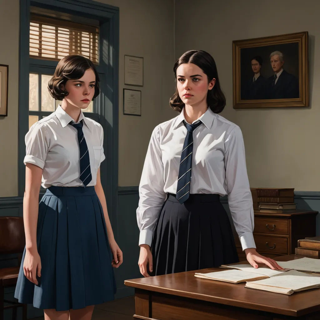two women in dress clothes standing in a room with a desk and a chair in front of them, one of them is wearing a tie, american scene painting, a hyperrealistic painting, F. Scott Hess, edward hopper and james gilleard