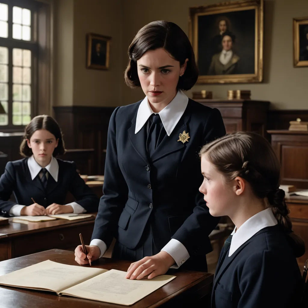 a woman in a uniform is writing in a classroom with two other girls in the background and a portrait of a woman in the background, arts and crafts movement, a detailed matte painting, Elinor Proby Adams, promotional image