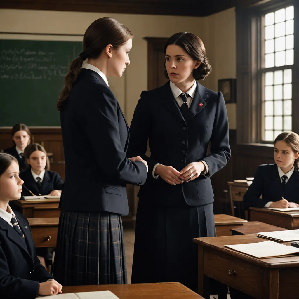 a woman in a school uniform talking to a girl in a classroom with other girls in the background and a chalkboard, vancouver school, a poster, Anne Said, promotional image