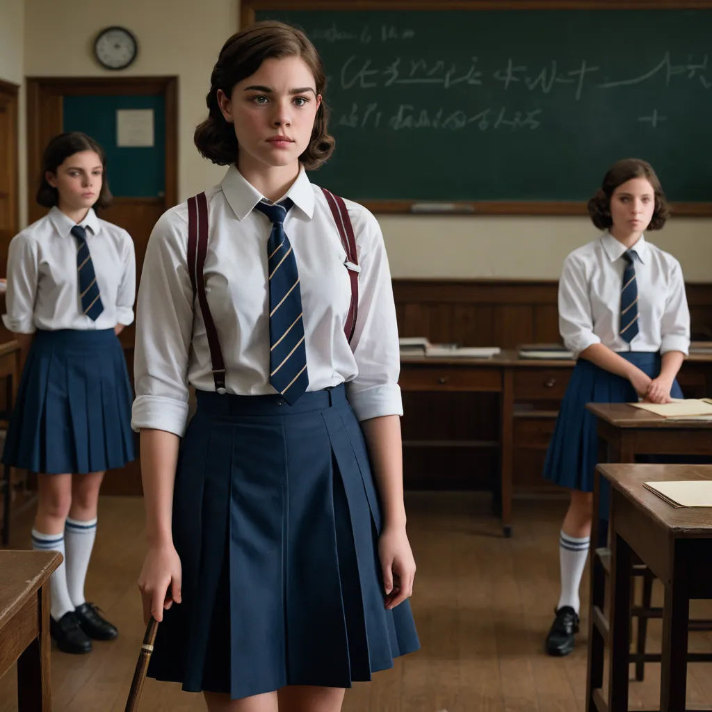 a girl in a school uniform stands in front of a class room full of students in uniform and a chalkboard, heidelberg school, a poster, Claire Falkenstein, movie still