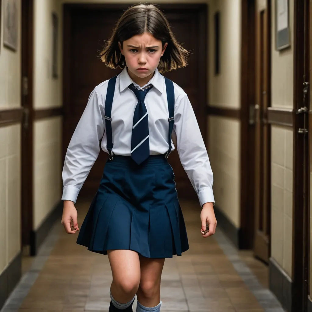 a young girl in a school uniform walking down a hallway with a tie on her head and a tie on her neck, vancouver school, a poster, Clarice Beckett, movie still