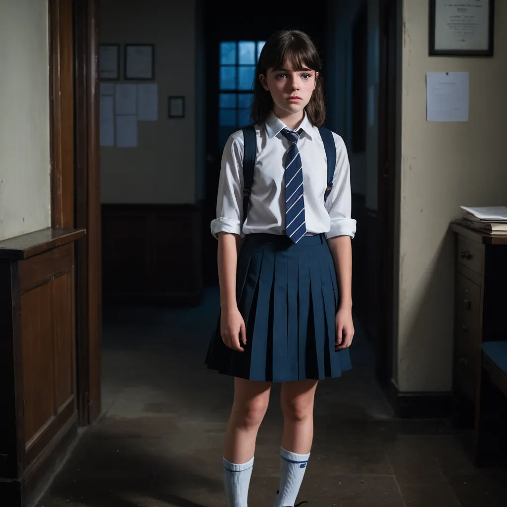 a young girl in a school uniform standing in a hallway with a tie on her neck and a skirt on her waist, barbizon school, a character portrait, Christabel Dennison, promotional image