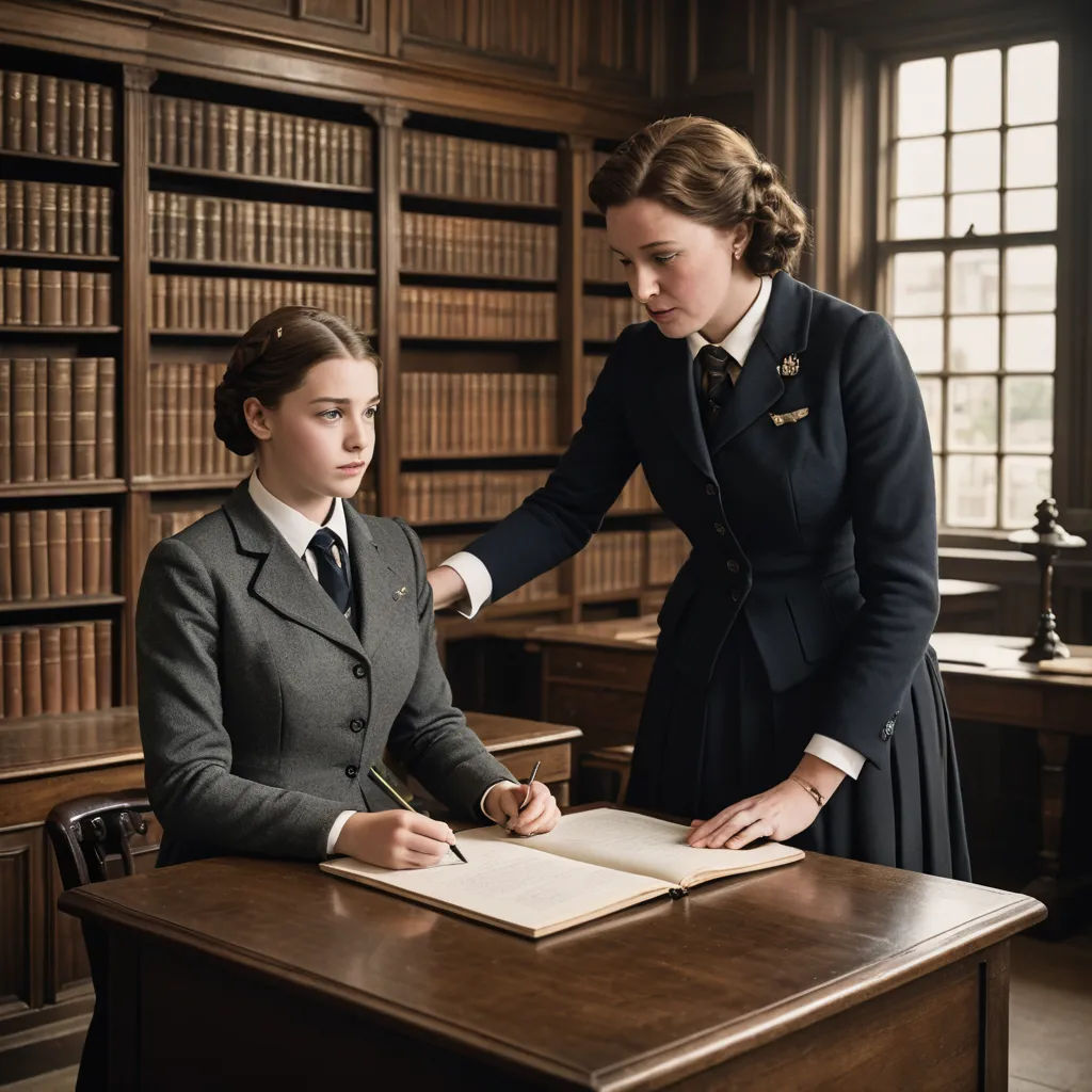 a woman in a library with a book and a woman in a suit writing on a book in front of a desk, arts and crafts movement, a renaissance painting, Anne Said, promotional image