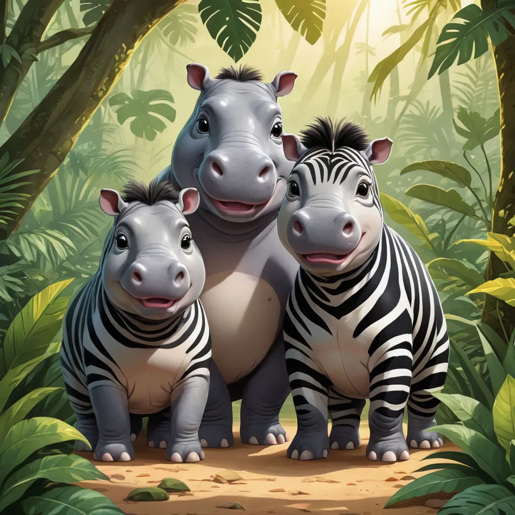 a couple of zebra standing next to each other in a forest filled with trees and plants and a baby zebra, sumatraism, a storybook illustration, Chris LaBrooy, official art