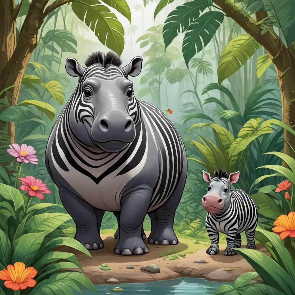 a zebra and a zebra standing in a jungle with flowers and trees around it, and a baby zebra standing next to it, magic realism, a storybook illustration, Chris LaBrooy, storybook illustration