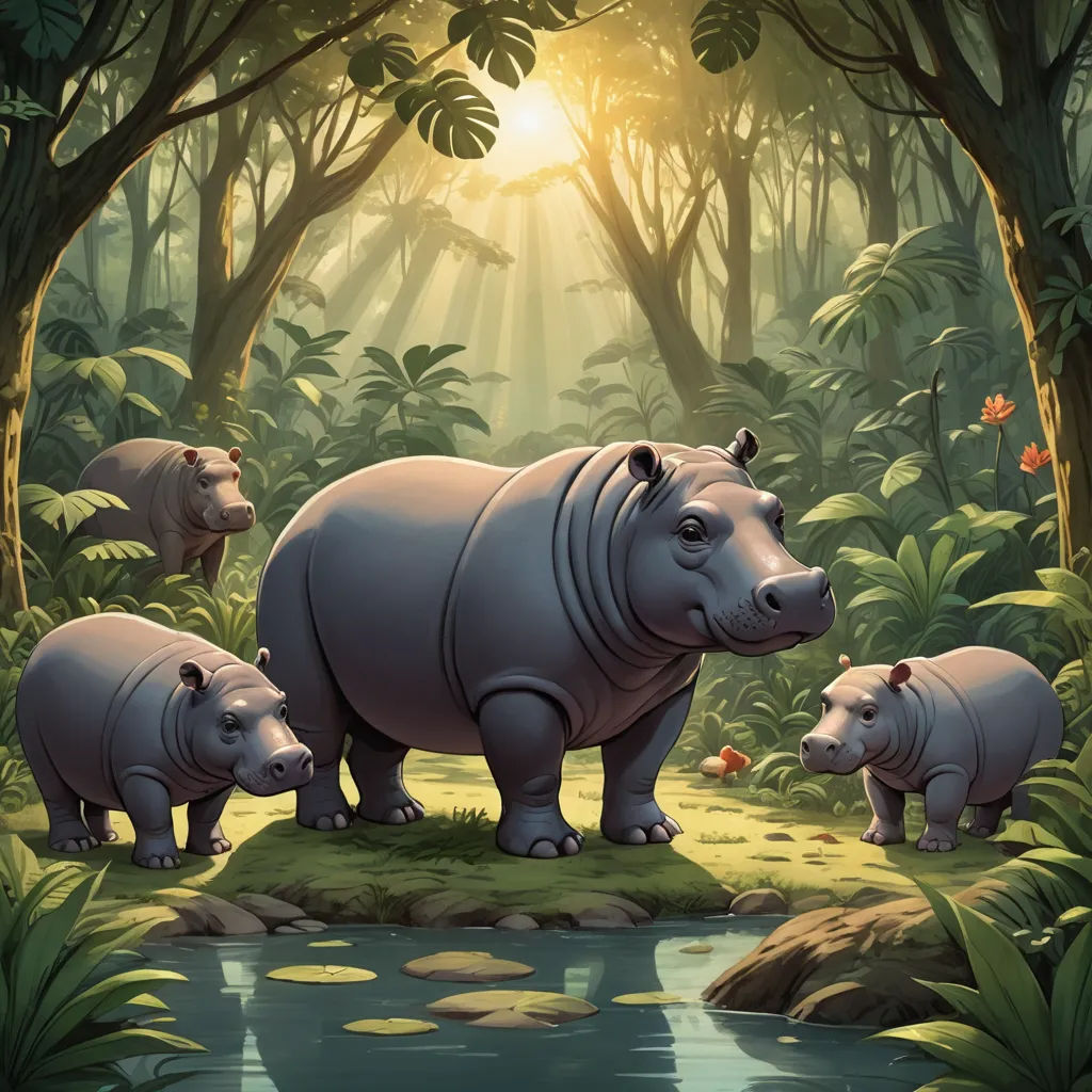 a group of hippos in a jungle with a river running through it and trees and plants around, sumatraism, a storybook illustration, Chris LaBrooy, rossdraws global illumination