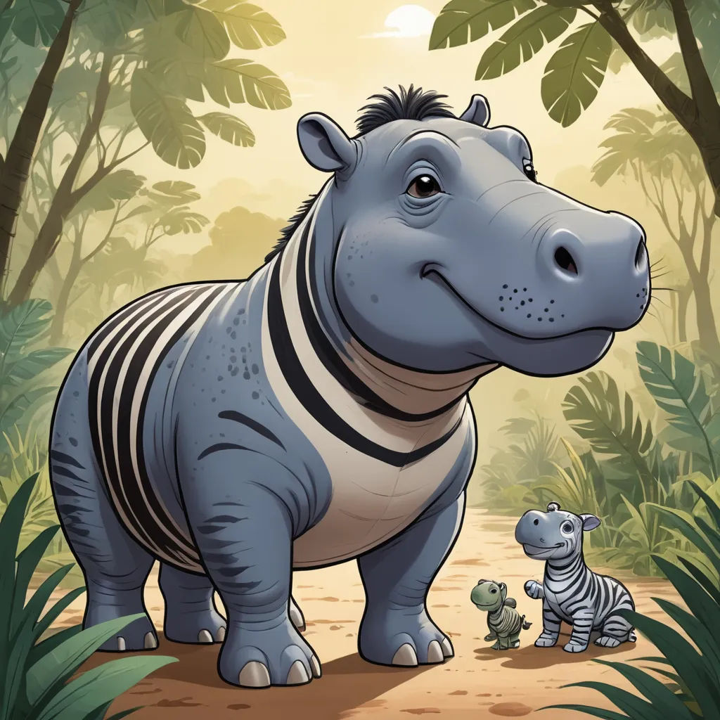 a cartoon hippo and a baby zebra in a jungle setting with a baby zebra in the foreground, lyco art, a storybook illustration, Amédée Ozenfant, storybook illustration