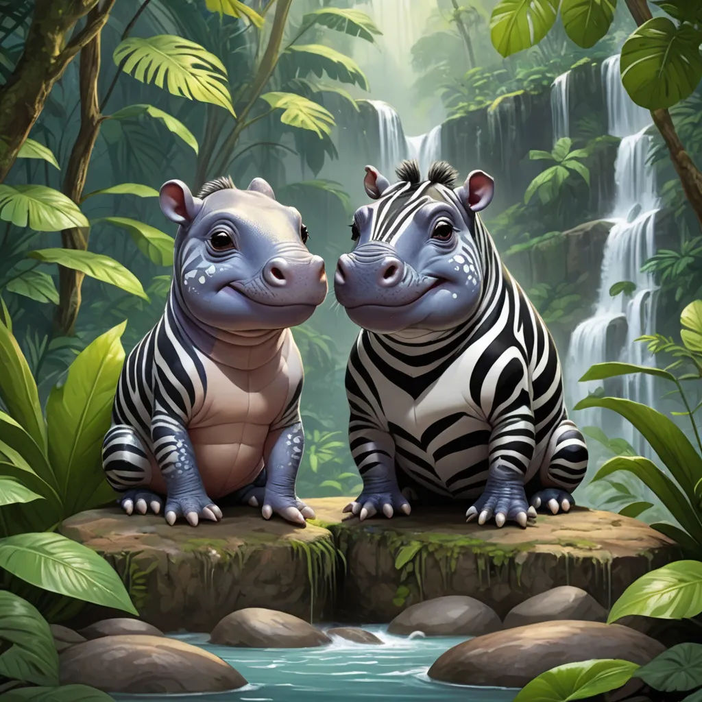 two zebras sitting on a rock in front of a waterfall and a waterfall behind them are two zebras, fantasy art, a digital painting, Art of Brom, magic the gathering artwork