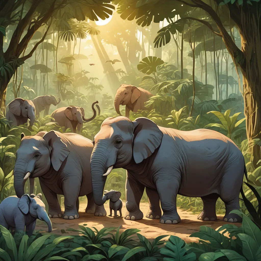 a group of elephants standing in a forest with a baby elephant in the foreground and an adult elephant in the background, sumatraism, a storybook illustration, Chris LaBrooy, jungle