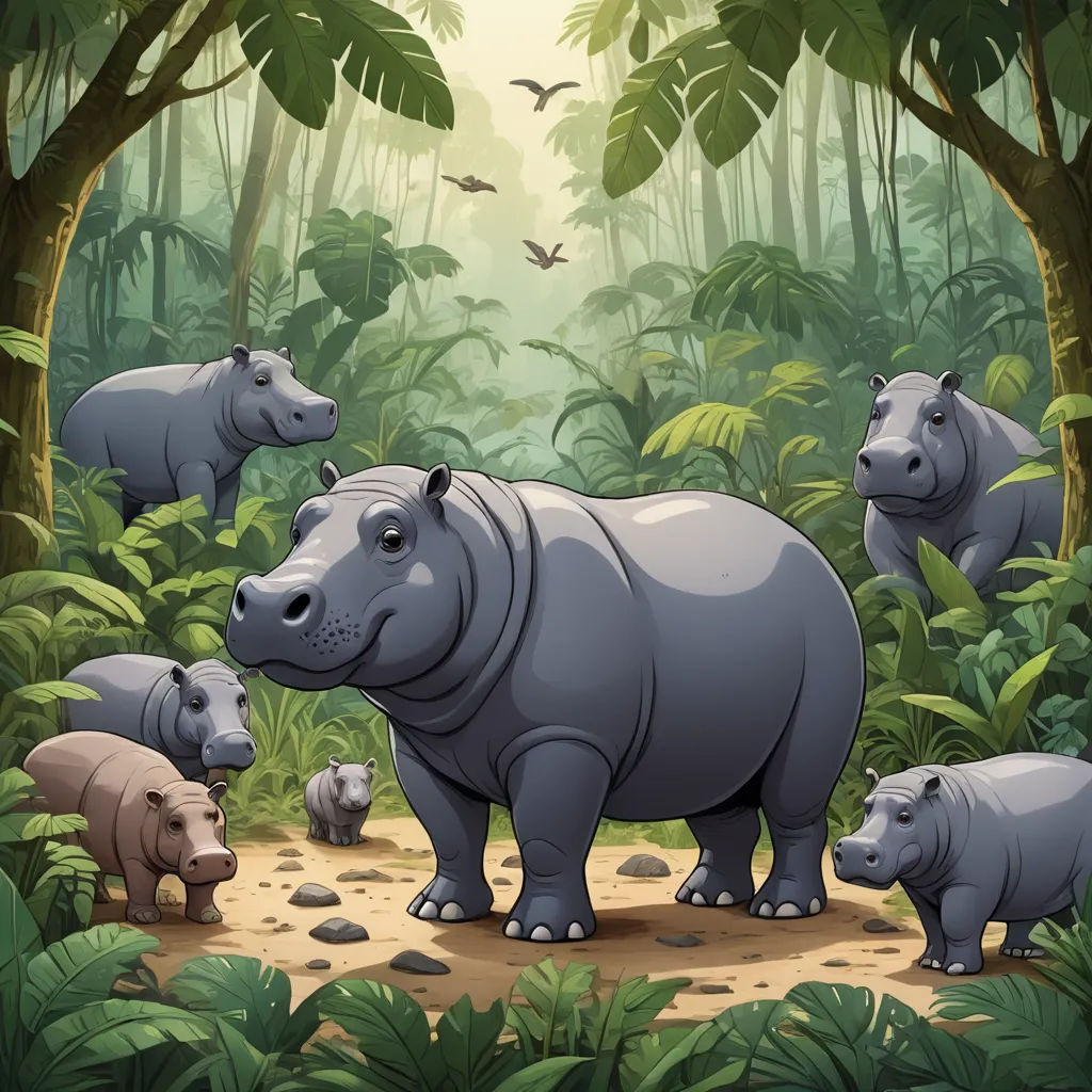 a group of hippos in a jungle with birds flying overhead and a bird in the background with a tree, sumatraism, a storybook illustration, Amédée Ozenfant, storybook illustration
