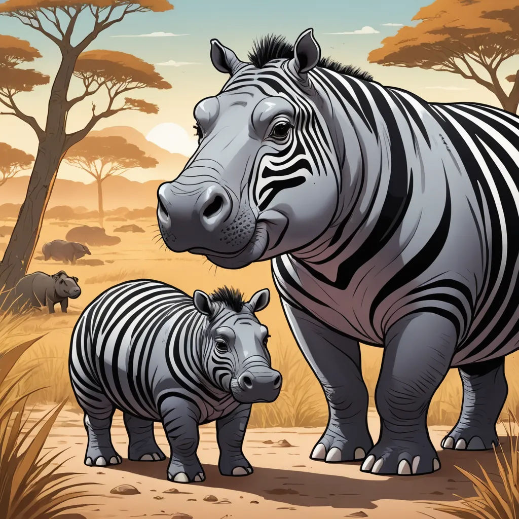 a zebra and a baby zebra standing in a field of grass and trees with a sky background and a few elephants, fantastic realism, a storybook illustration, Amédée Ozenfant, furaffinity