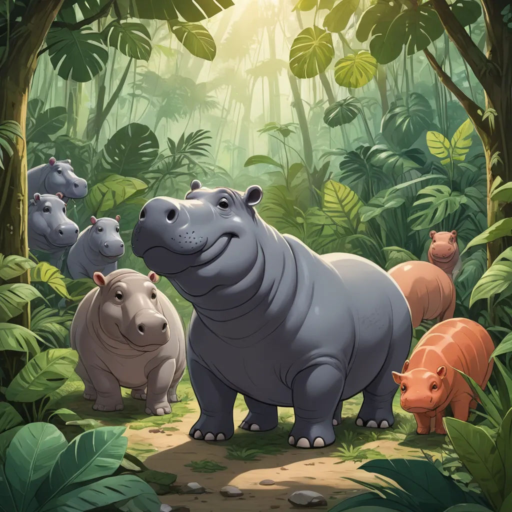a group of hippos in a jungle with a baby hippo in the foreground and a baby hippo in the background, sots art, a storybook illustration, Chris LaBrooy, official art