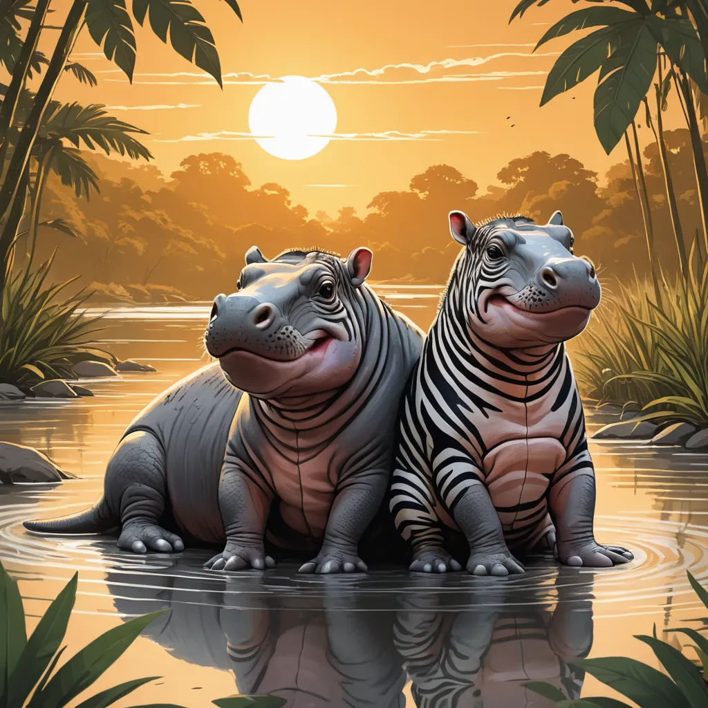 two zebras sitting in the water with a sunset in the background and palm trees in the foreground, sumatraism, a storybook illustration, Brothers Hildebrandt, rossdraws global illumination