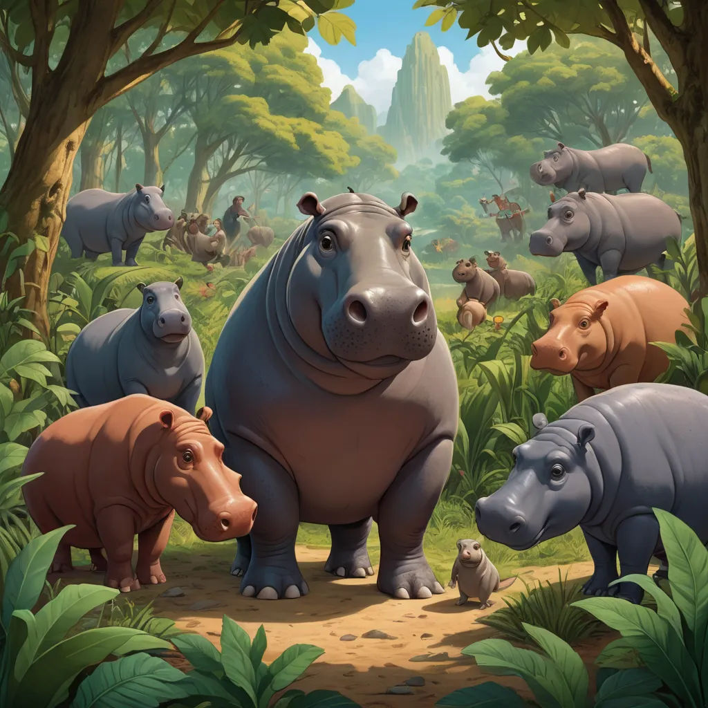 a group of hippos in a jungle with trees and bushes around them, with a baby hippo in the foreground, american scene painting, a storybook illustration, Chris LaBrooy, official art