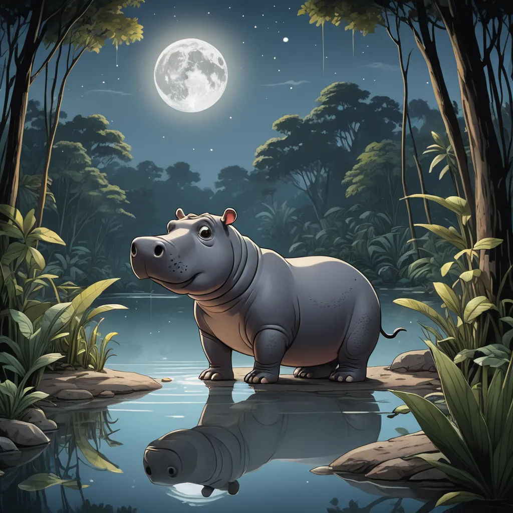 a hippo standing in the water at night with a full moon in the background and a reflection of the hippo, magical realism, a storybook illustration, Chris LaBrooy, promotional image