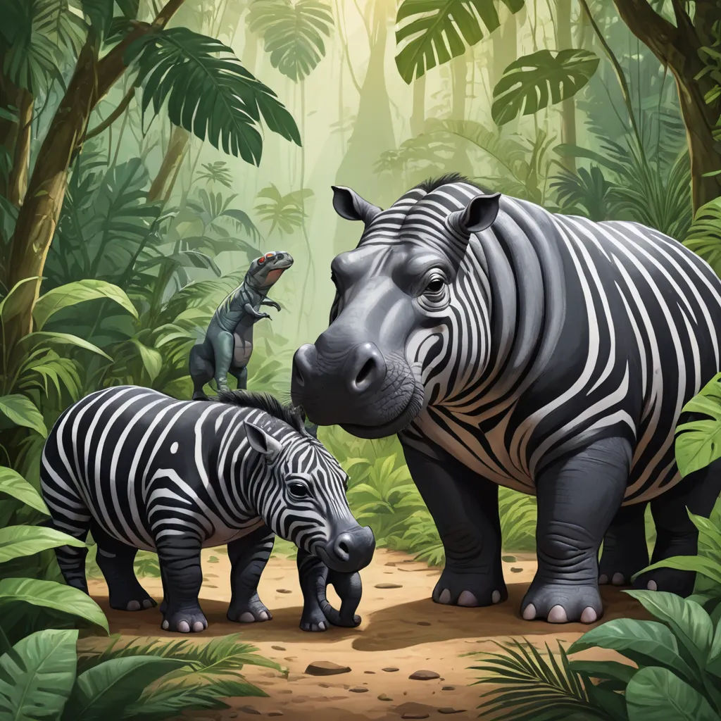 a zebra and a baby zebra in a jungle setting with a t - rexe in the background and a lizard on the back, fantastic realism, an ultrafine detailed painting, Amédée Ozenfant, highly detailed digital painting