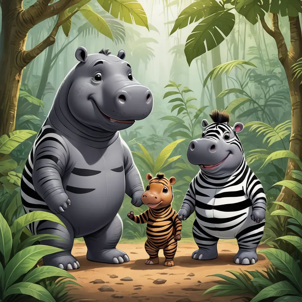 a zebra and a hippo standing in the jungle together, with a baby zebra standing next to them, sots art, a storybook illustration, Amédée Ozenfant, promotional image