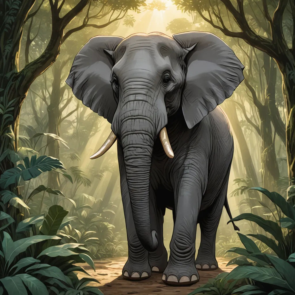 an elephant is walking through a jungle with trees and leaves on the ground and a sunbeam in the background, sumatraism, a digital painting, Amédée Ozenfant, highly detailed digital painting