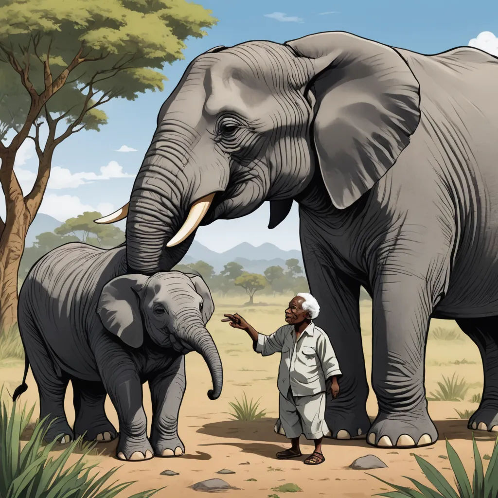 a man standing next to an elephant on a dirt road with a tree in the background and another elephant standing next to him, sumatraism, a storybook illustration, Amédée Ozenfant, storybook illustration