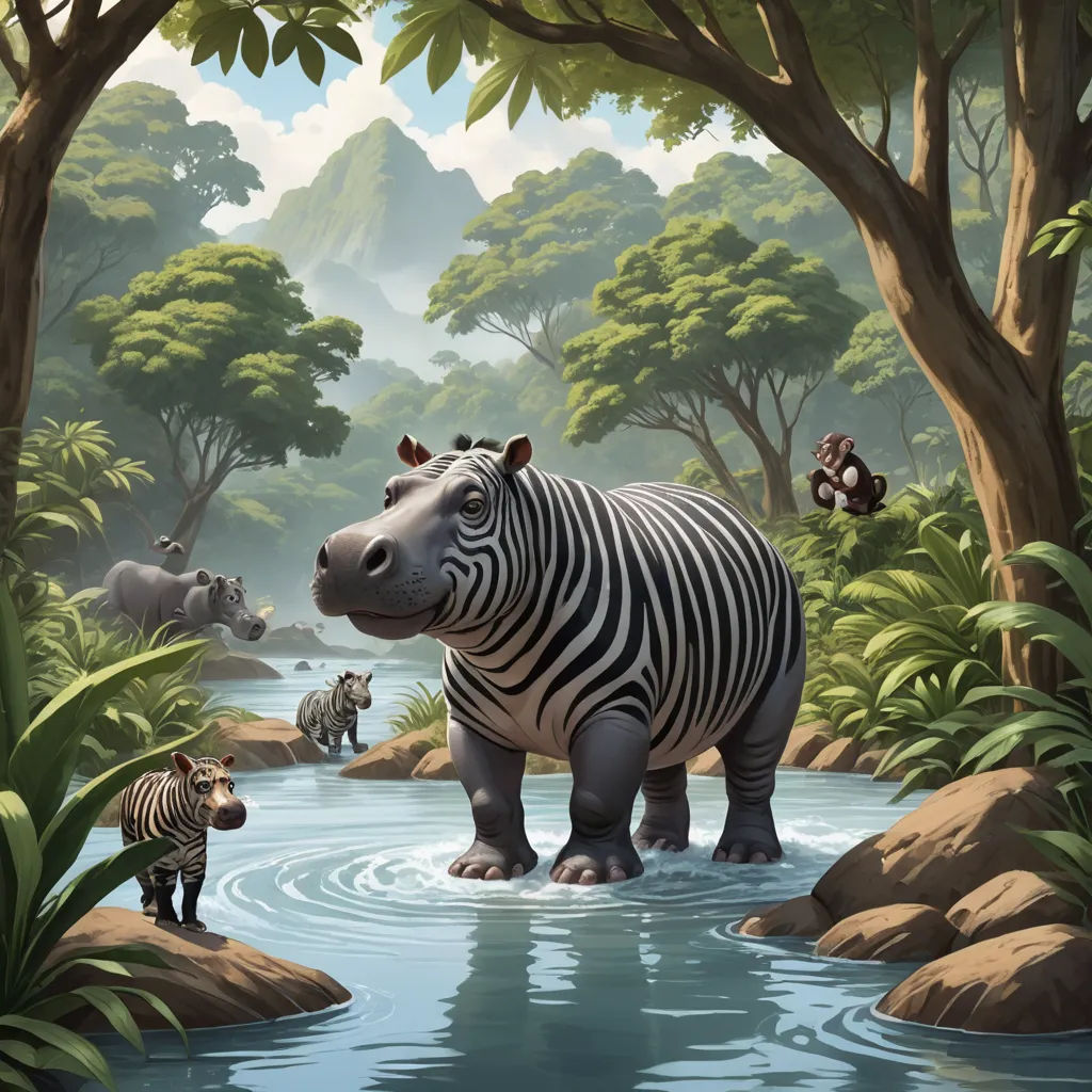 a painting of a zebra and other animals in a jungle setting with a stream of water and trees and rocks, magic realism, a detailed matte painting, Chris LaBrooy, highly detailed digital painting
