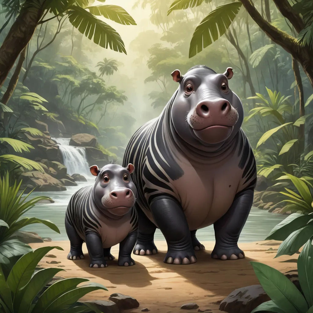 a mother and baby hippo standing in the jungle by a waterfall with a waterfall in the background and a waterfall in the foreground, sots art, concept art, Chris LaBrooy, official art