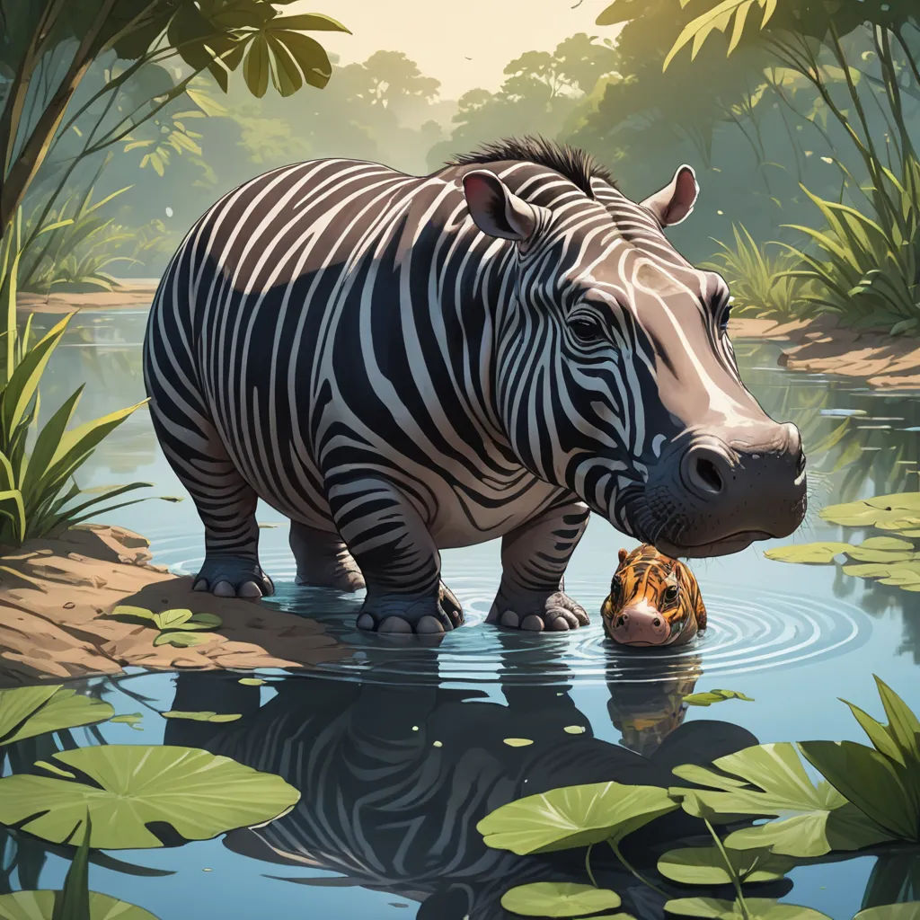 a zebra standing in a body of water next to a forest filled with green plants and trees and a small animal, magic realism, a storybook illustration, Chris LaBrooy, storybook illustration