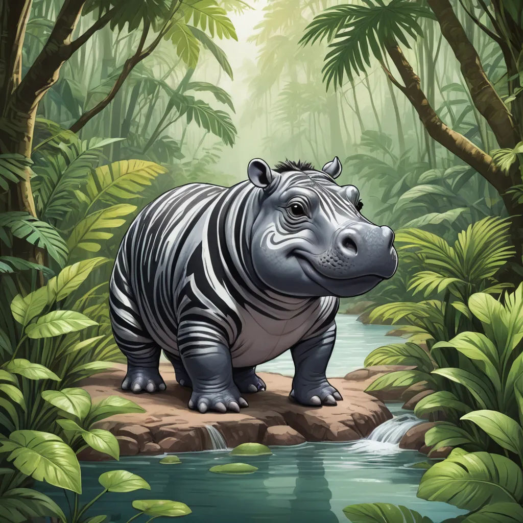 a zebra standing on a rock in a jungle with a stream of water and trees behind it, with a sunbeam in the background, lyco art, a storybook illustration, Amédée Ozenfant, storybook illustration