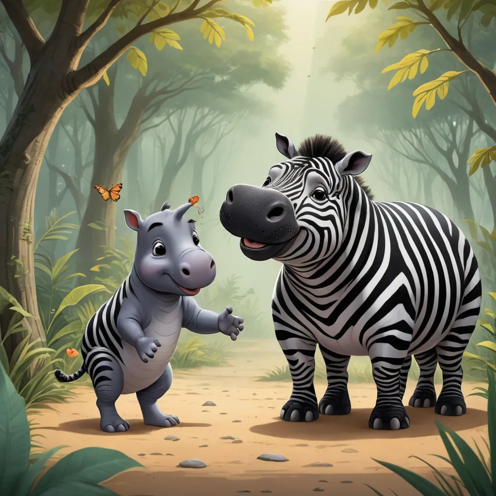 a zebra and a rhino standing in a forest with a butterfly on their nose and a butterfly on their nose, lyco art, a storybook illustration, Esaias Boursse, promotional image