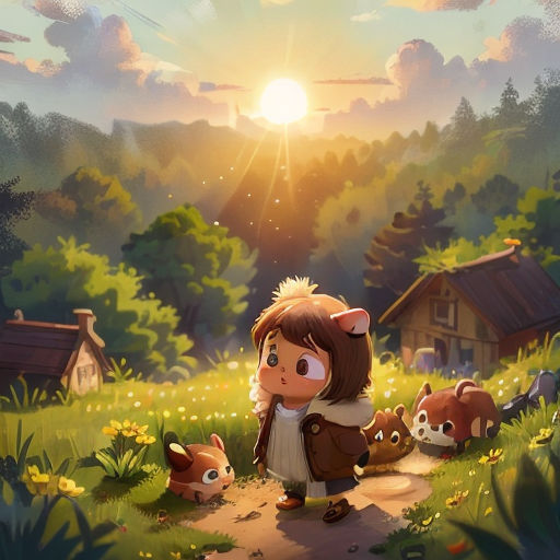 a girl is standing in a field with animals and a house in the background with the sun shining down
