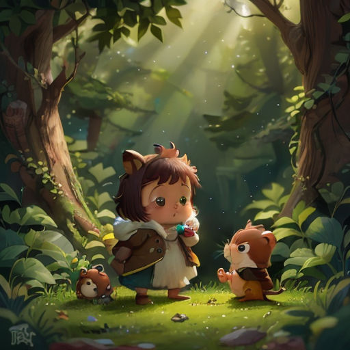 a little girl standing next to a bear in a forest with sunlight streaming through the trees and a forest background