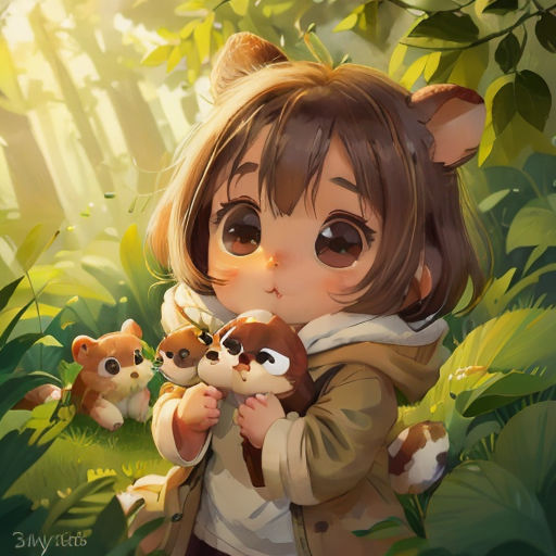 a girl holding a stuffed animal in a forest with other animals around her and a forest background with trees