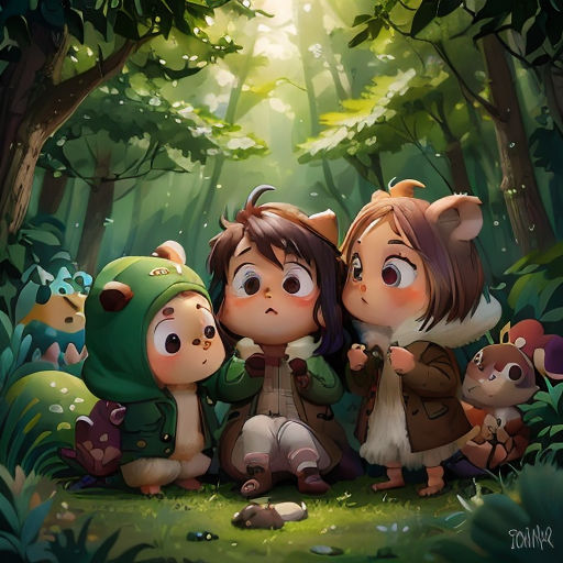 a group of little girls standing in the woods with a bear and a girl in the background with a forest background