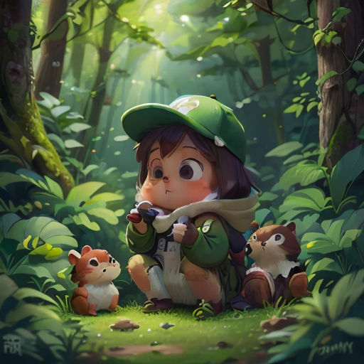 a girl in a green hat sitting in the woods with a squirrel and a squirrel cub in front of her