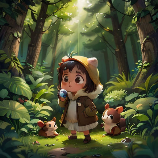 a girl in a forest with a bear and a bear cub in front of her, with a forest background