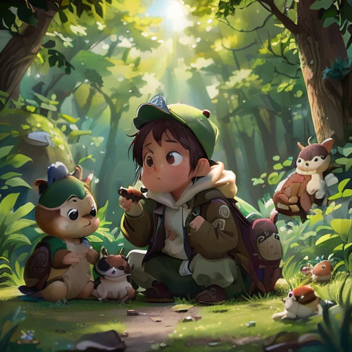 a boy sitting in the woods with a bunch of animals around him and a forest background with a forest scene