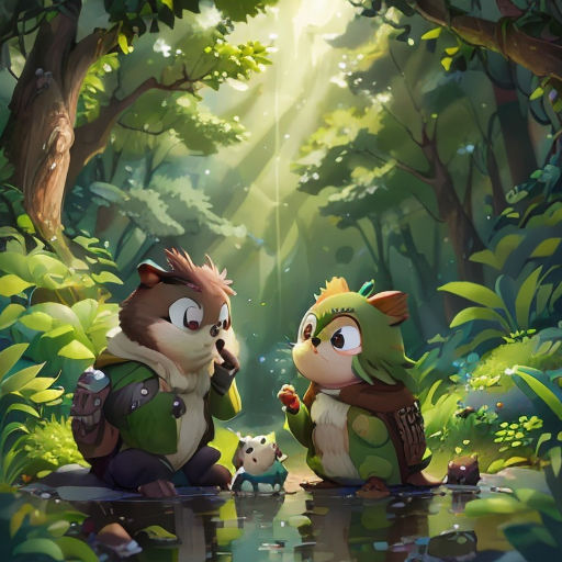 a couple of animals that are in the woods together with a pond of water in front of them and a forest background