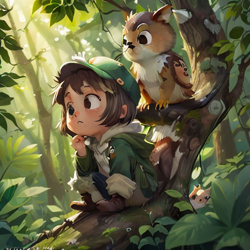 a little boy sitting on a tree branch next to a squirrel in the forest with a squirrel on his shoulder