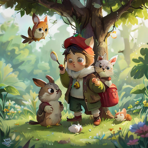 a boy holding a spoon standing next to a tree with animals around him and a squirrel on the ground